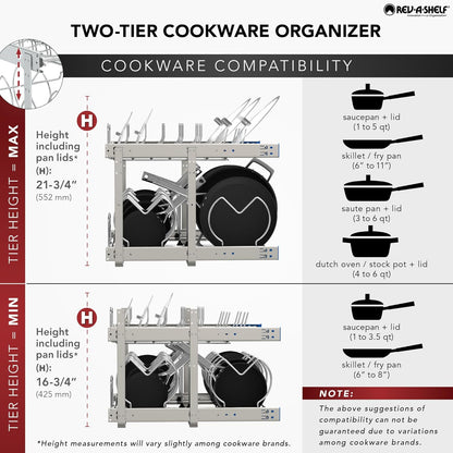 Kitchen Cabinet Pullout Organizer, Min Open Width of 20.5" | 2-Tier U-Shaped Cookware Storage Rack for Pots, Pans, and Lid Cookware, Adjustable Heavy Duty Wire, Chrome, 5CW-1222-CR