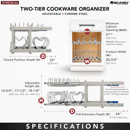 Kitchen Cabinet Pullout Organizer, Min Open Width of 20.5" | 2-Tier U-Shaped Cookware Storage Rack for Pots, Pans, and Lid Cookware, Adjustable Heavy Duty Wire, Chrome, 5CW-1222-CR