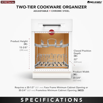 Kitchen Cabinet Pullout Organizer, Min Open Width of 20.5" | 2-Tier U-Shaped Cookware Storage Rack for Pots, Pans, and Lid Cookware, Adjustable Heavy Duty Wire, Chrome, 5CW-1222-CR
