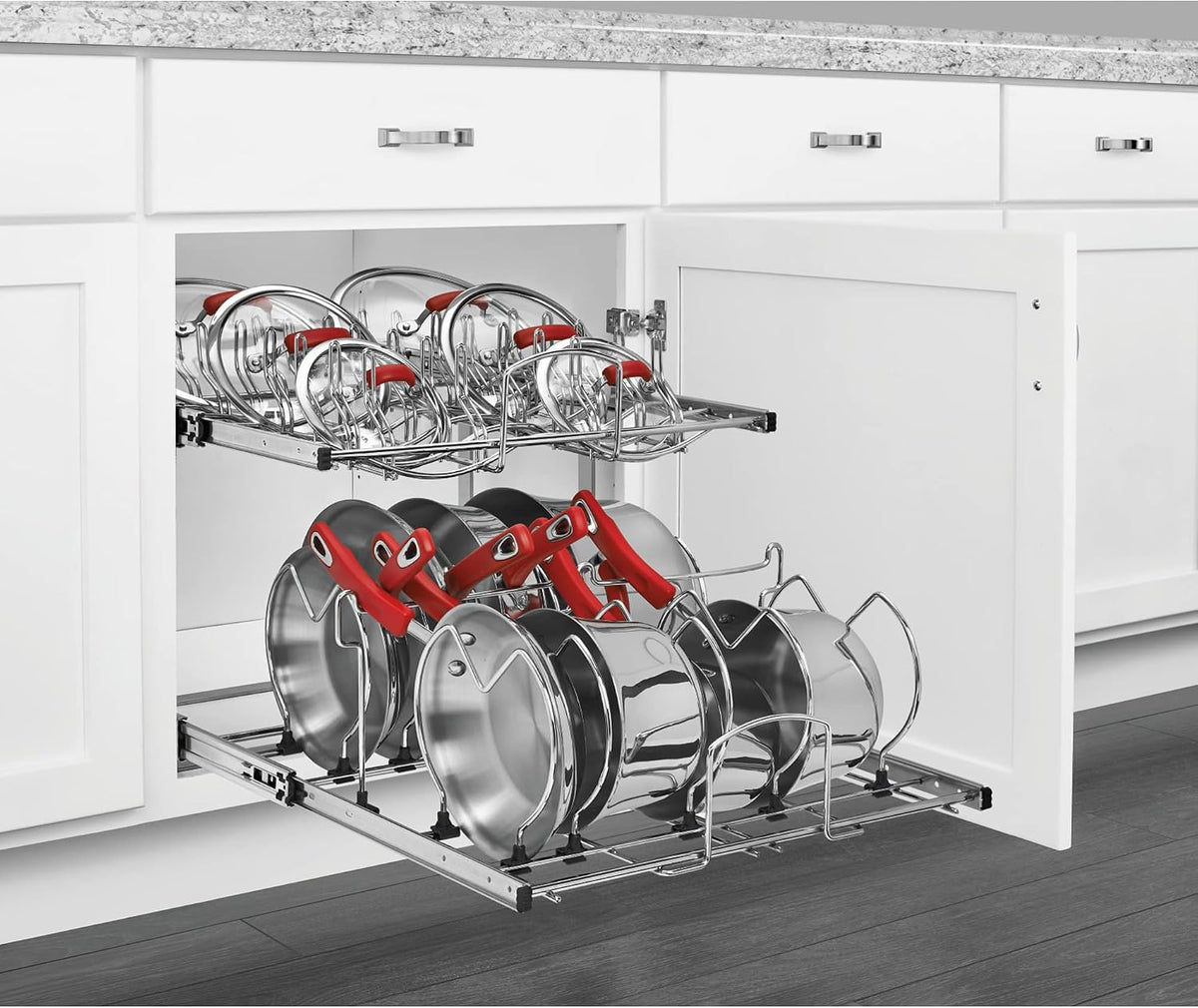 Kitchen Cabinet Pullout Organizer, Min Open Width of 20.5" | 2-Tier U-Shaped Cookware Storage Rack for Pots, Pans, and Lid Cookware, Adjustable Heavy Duty Wire, Chrome, 5CW-1222-CR