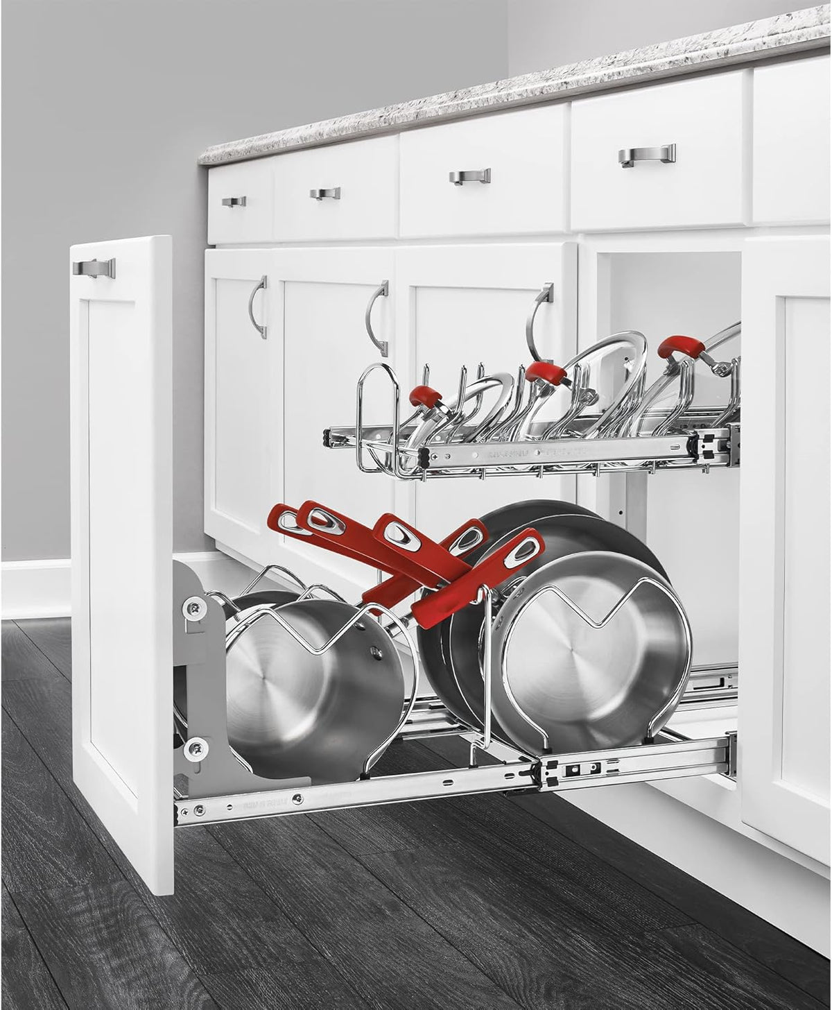 Kitchen Cabinet Pullout Organizer, Min Open Width of 20.5" | 2-Tier U-Shaped Cookware Storage Rack for Pots, Pans, and Lid Cookware, Adjustable Heavy Duty Wire, Chrome, 5CW-1222-CR