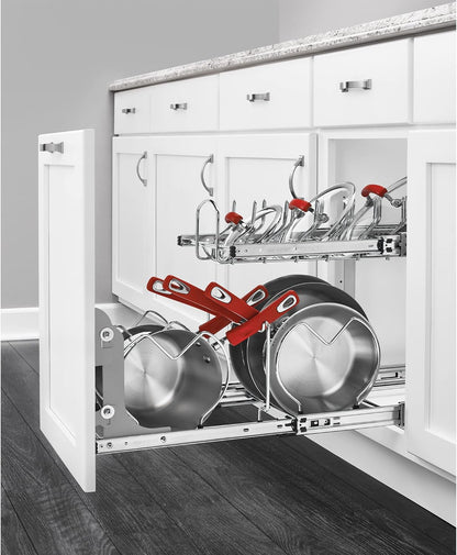 Kitchen Cabinet Pullout Organizer, Min Open Width of 20.5" | 2-Tier U-Shaped Cookware Storage Rack for Pots, Pans, and Lid Cookware, Adjustable Heavy Duty Wire, Chrome, 5CW-1222-CR