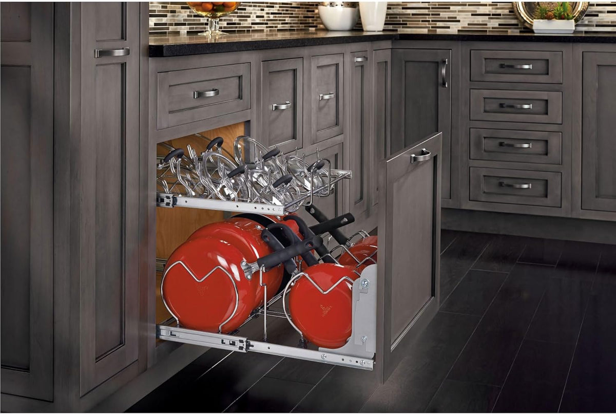 Kitchen Cabinet Pullout Organizer, Min Open Width of 20.5" | 2-Tier U-Shaped Cookware Storage Rack for Pots, Pans, and Lid Cookware, Adjustable Heavy Duty Wire, Chrome, 5CW-1222-CR