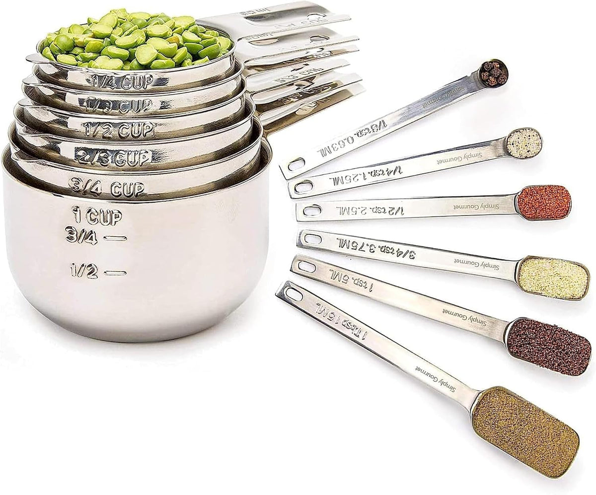 Measuring Cups & Spoons Set of 12, 18/08 Stainless Steel Kitchen Gadgets, Stackable Design with Long Handle Spoons, Fits in Spice Jars, Cooking & Baking Set for Dry & Liquid