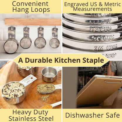 Measuring Cups & Spoons Set of 12, 18/08 Stainless Steel Kitchen Gadgets, Stackable Design with Long Handle Spoons, Fits in Spice Jars, Cooking & Baking Set for Dry & Liquid