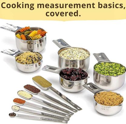 Measuring Cups & Spoons Set of 12, 18/08 Stainless Steel Kitchen Gadgets, Stackable Design with Long Handle Spoons, Fits in Spice Jars, Cooking & Baking Set for Dry & Liquid