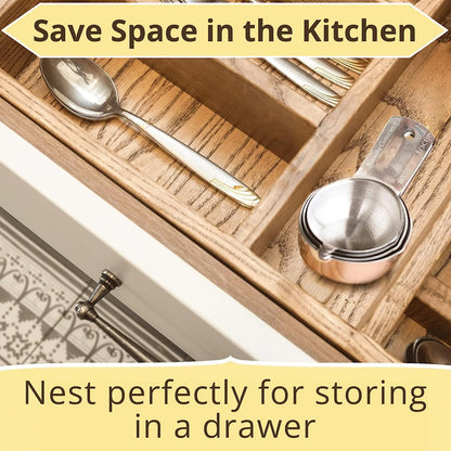 Measuring Cups & Spoons Set of 12, 18/08 Stainless Steel Kitchen Gadgets, Stackable Design with Long Handle Spoons, Fits in Spice Jars, Cooking & Baking Set for Dry & Liquid