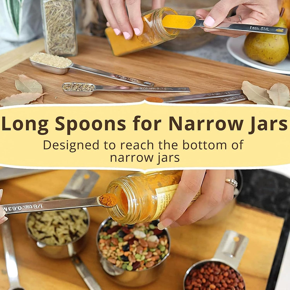 Measuring Cups & Spoons Set of 12, 18/08 Stainless Steel Kitchen Gadgets, Stackable Design with Long Handle Spoons, Fits in Spice Jars, Cooking & Baking Set for Dry & Liquid