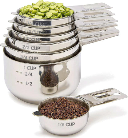 Measuring Cups & Spoons Set of 12, 18/08 Stainless Steel Kitchen Gadgets, Stackable Design with Long Handle Spoons, Fits in Spice Jars, Cooking & Baking Set for Dry & Liquid