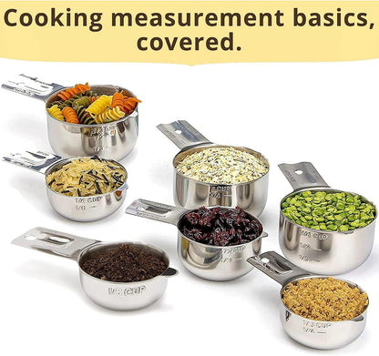 Measuring Cups & Spoons Set of 12, 18/08 Stainless Steel Kitchen Gadgets, Stackable Design with Long Handle Spoons, Fits in Spice Jars, Cooking & Baking Set for Dry & Liquid