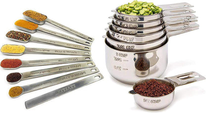 Measuring Cups & Spoons Set of 12, 18/08 Stainless Steel Kitchen Gadgets, Stackable Design with Long Handle Spoons, Fits in Spice Jars, Cooking & Baking Set for Dry & Liquid