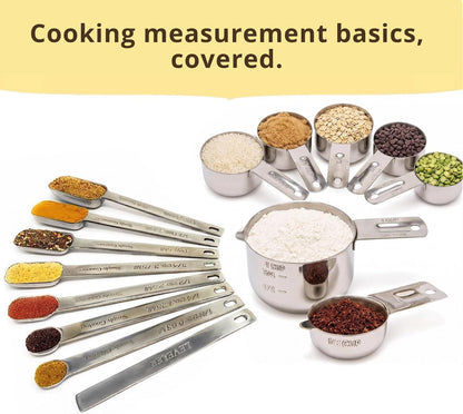 Measuring Cups & Spoons Set of 12, 18/08 Stainless Steel Kitchen Gadgets, Stackable Design with Long Handle Spoons, Fits in Spice Jars, Cooking & Baking Set for Dry & Liquid