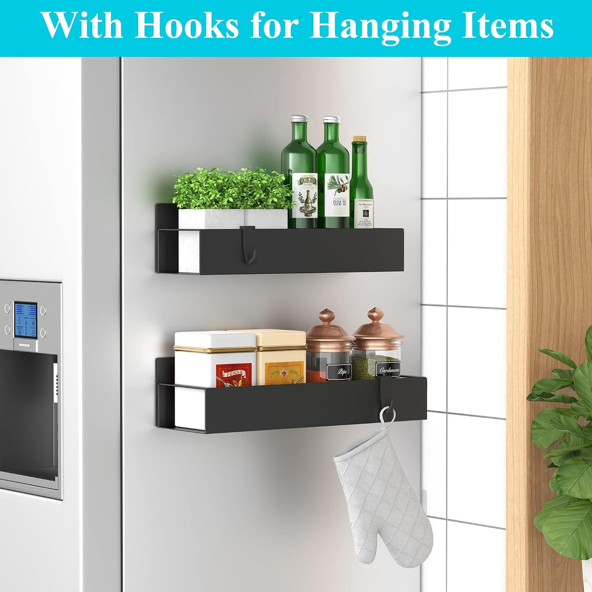 Metal Magnetic Spice Rack for Refrigerator Black | Magnetic Shelves Heavy Duty for Fridge in Kitchen, Seasoning Storage Organizer, For Oven Washer and Dryer, For Heavier Items