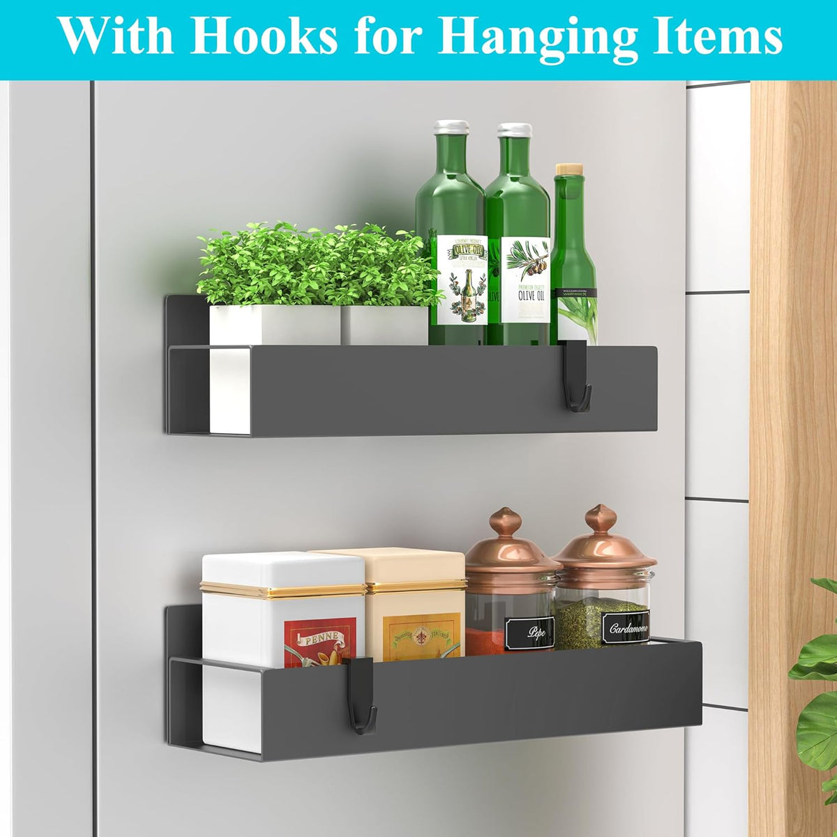 Metal Magnetic Spice Rack for Refrigerator Black | Magnetic Shelves Heavy Duty for Fridge in Kitchen, Seasoning Storage Organizer, For Oven Washer and Dryer, For Heavier Items