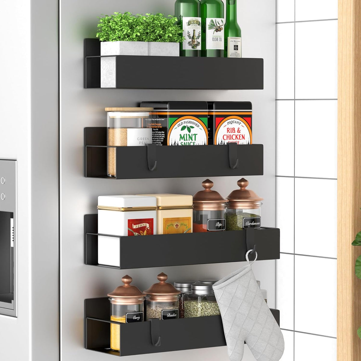 Metal Magnetic Spice Rack for Refrigerator Black | Magnetic Shelves Heavy Duty for Fridge in Kitchen, Seasoning Storage Organizer, For Oven Washer and Dryer, For Heavier Items