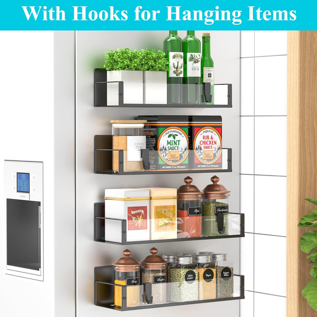 Metal Magnetic Spice Rack for Refrigerator Black | Magnetic Shelves Heavy Duty for Fridge in Kitchen, Seasoning Storage Organizer, For Oven Washer and Dryer, For Heavier Items
