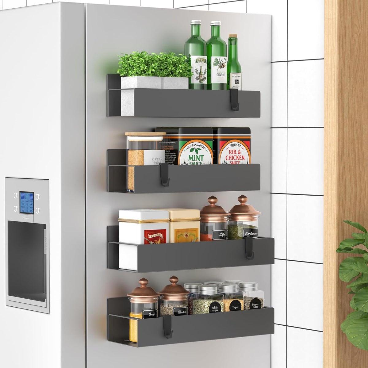 Metal Magnetic Spice Rack for Refrigerator Black | Magnetic Shelves Heavy Duty for Fridge in Kitchen, Seasoning Storage Organizer, For Oven Washer and Dryer, For Heavier Items
