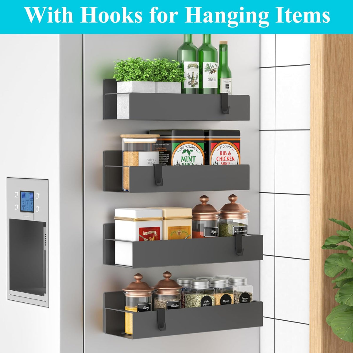 Metal Magnetic Spice Rack for Refrigerator Black | Magnetic Shelves Heavy Duty for Fridge in Kitchen, Seasoning Storage Organizer, For Oven Washer and Dryer, For Heavier Items