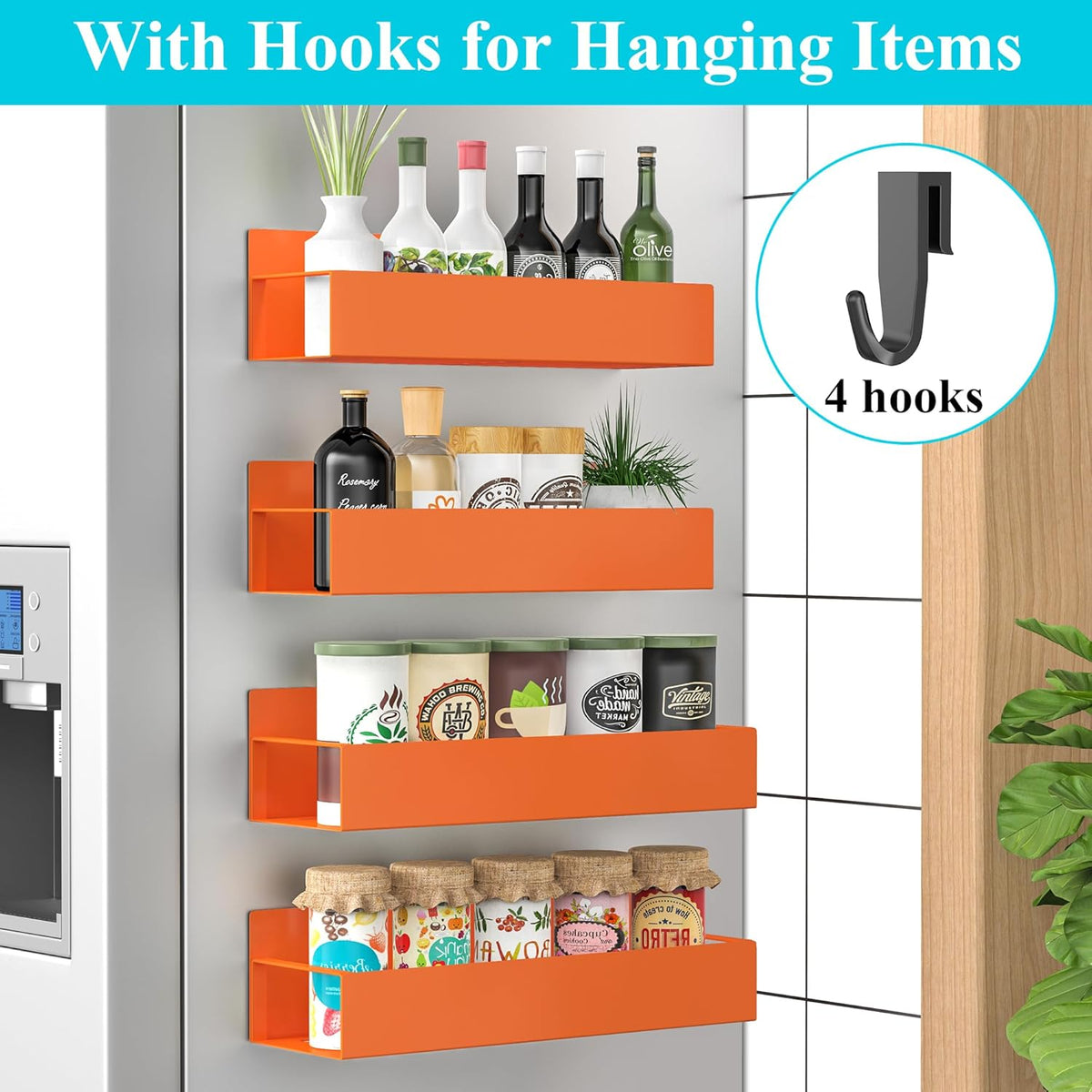 Metal Magnetic Spice Rack for Refrigerator Black | Magnetic Shelves Heavy Duty for Fridge in Kitchen, Seasoning Storage Organizer, For Oven Washer and Dryer, For Heavier Items
