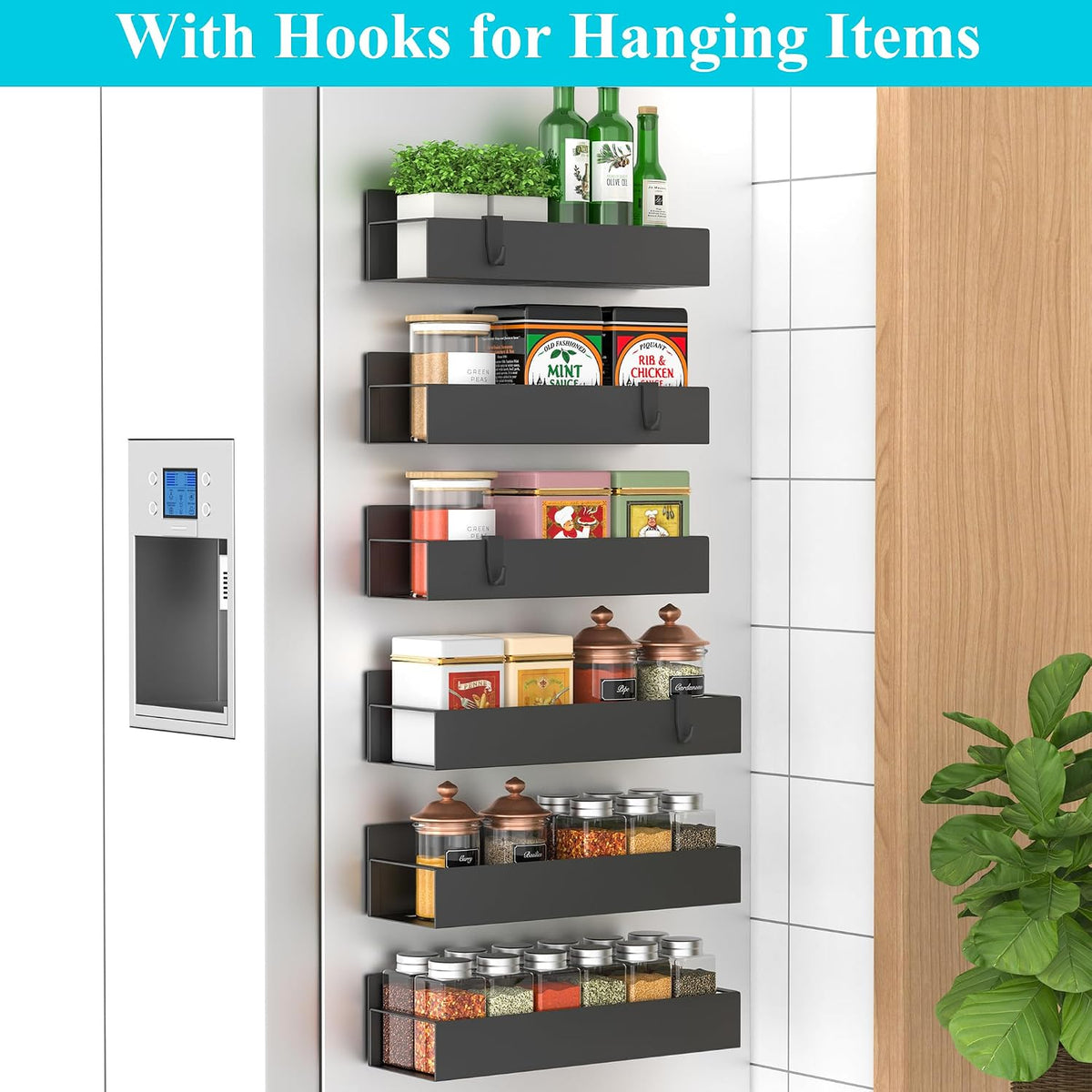 Metal Magnetic Spice Rack for Refrigerator Black | Magnetic Shelves Heavy Duty for Fridge in Kitchen, Seasoning Storage Organizer, For Oven Washer and Dryer, For Heavier Items