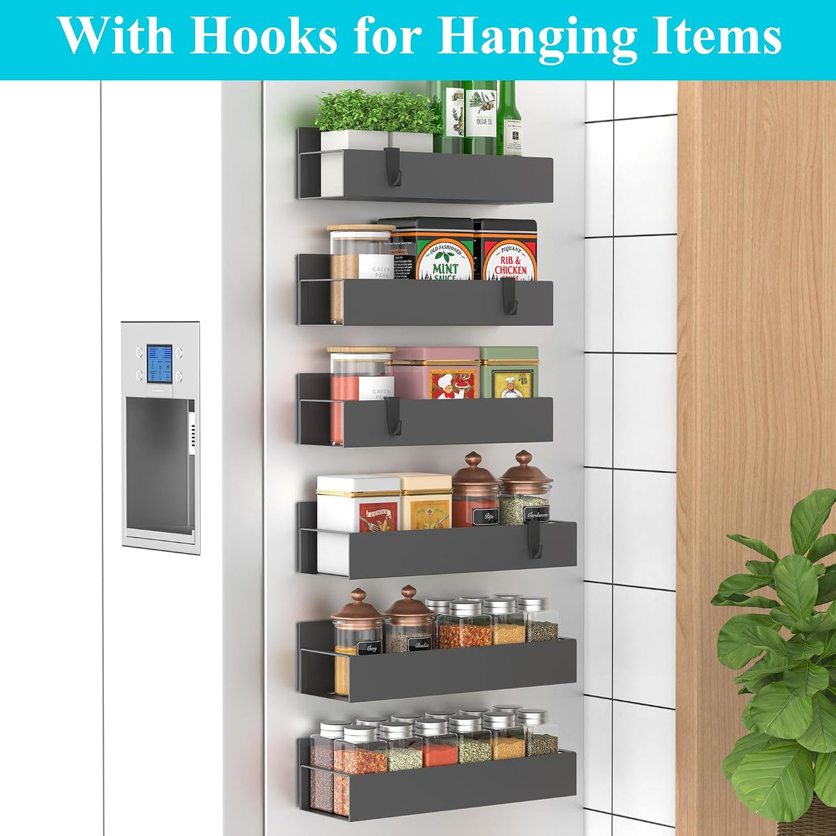 Metal Magnetic Spice Rack for Refrigerator Black | Magnetic Shelves Heavy Duty for Fridge in Kitchen, Seasoning Storage Organizer, For Oven Washer and Dryer, For Heavier Items