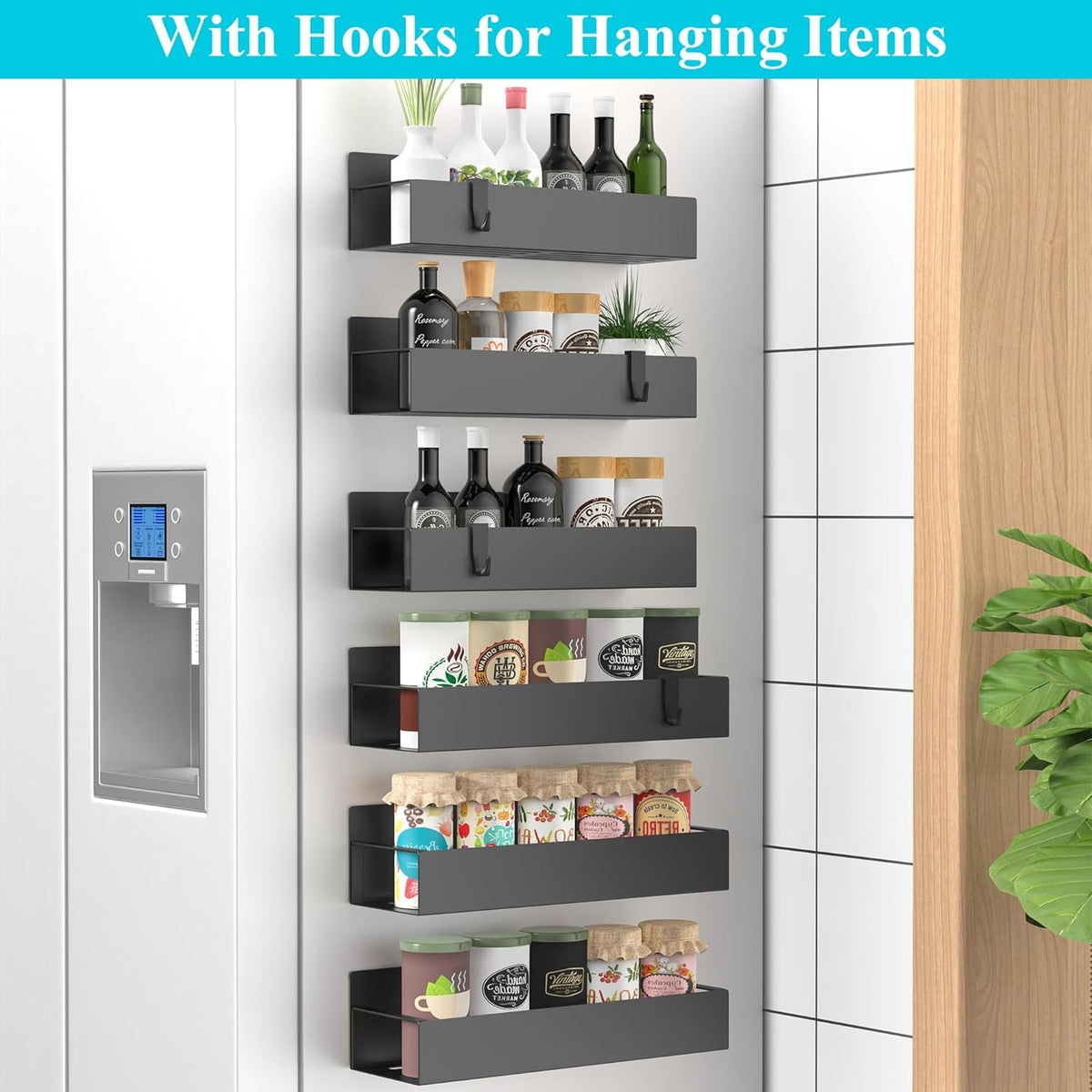 Metal Magnetic Spice Rack for Refrigerator Black | Magnetic Shelves Heavy Duty for Fridge in Kitchen, Seasoning Storage Organizer, For Oven Washer and Dryer, For Heavier Items