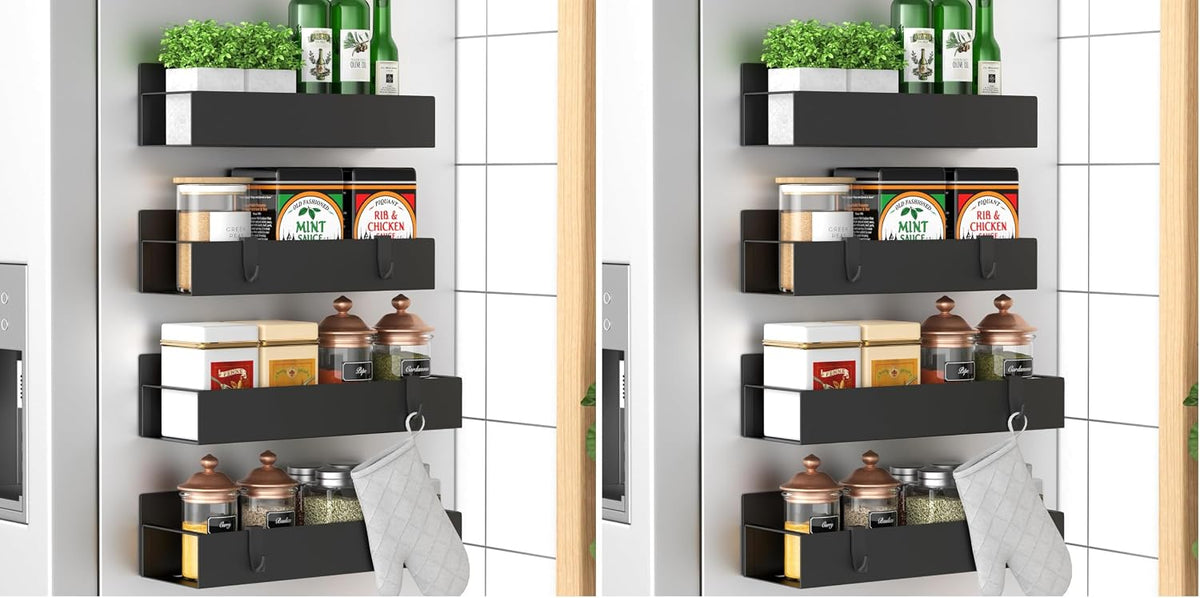Metal Magnetic Spice Rack for Refrigerator Black | Magnetic Shelves Heavy Duty for Fridge in Kitchen, Seasoning Storage Organizer, For Oven Washer and Dryer, For Heavier Items
