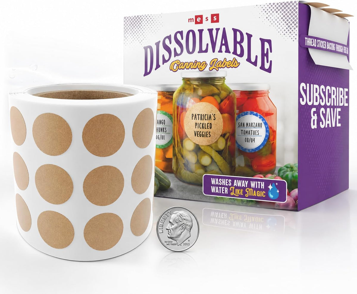 Dissolvable Canning Labels 1.5in Round, Removable Kraft Mason Jar Stickers | Water soluble, no residue, write on with pen, 200 per pack, jam, preserves, pantry, freezer, spice bottles, food storage