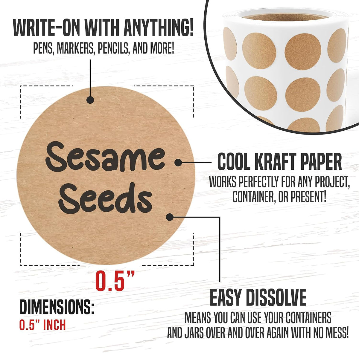 Dissolvable Canning Labels 1.5in Round, Removable Kraft Mason Jar Stickers | Water soluble, no residue, write on with pen, 200 per pack, jam, preserves, pantry, freezer, spice bottles, food storage