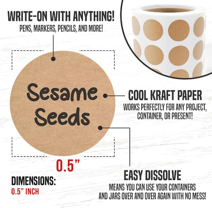 Dissolvable Canning Labels 1.5in Round, Removable Kraft Mason Jar Stickers | Water soluble, no residue, write on with pen, 200 per pack, jam, preserves, pantry, freezer, spice bottles, food storage