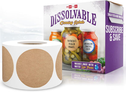 Dissolvable Canning Labels 1.5in Round, Removable Kraft Mason Jar Stickers | Water soluble, no residue, write on with pen, 200 per pack, jam, preserves, pantry, freezer, spice bottles, food storage