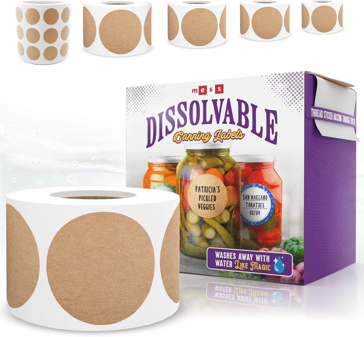 Dissolvable Canning Labels 1.5in Round, Removable Kraft Mason Jar Stickers | Water soluble, no residue, write on with pen, 200 per pack, jam, preserves, pantry, freezer, spice bottles, food storage