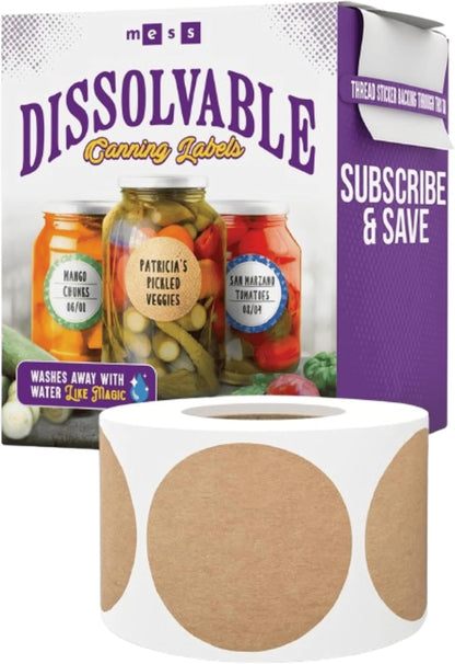 Dissolvable Canning Labels 1.5in Round, Removable Kraft Mason Jar Stickers | Water soluble, no residue, write on with pen, 200 per pack, jam, preserves, pantry, freezer, spice bottles, food storage