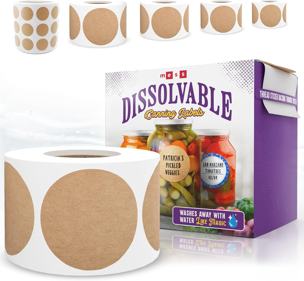 Dissolvable Canning Labels 1.5in Round, Removable Kraft Mason Jar Stickers | Water soluble, no residue, write on with pen, 200 per pack, jam, preserves, pantry, freezer, spice bottles, food storage
