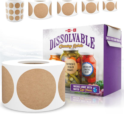 Dissolvable Canning Labels 1.5in Round, Removable Kraft Mason Jar Stickers | Water soluble, no residue, write on with pen, 200 per pack, jam, preserves, pantry, freezer, spice bottles, food storage