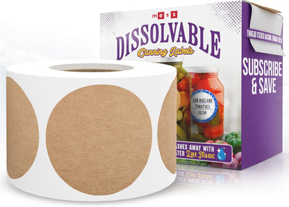 Dissolvable Canning Labels 1.5in Round, Removable Kraft Mason Jar Stickers | Water soluble, no residue, write on with pen, 200 per pack, jam, preserves, pantry, freezer, spice bottles, food storage