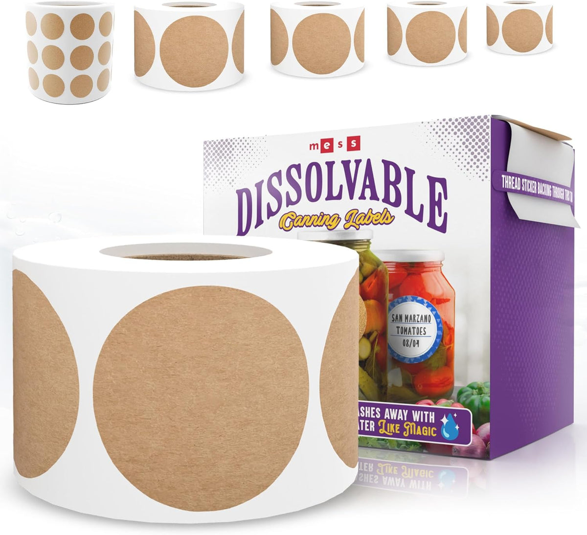 Dissolvable Canning Labels 1.5in Round, Removable Kraft Mason Jar Stickers | Water soluble, no residue, write on with pen, 200 per pack, jam, preserves, pantry, freezer, spice bottles, food storage