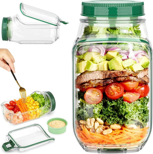 Salad Jar with Side Opening,Leakproof Portable Salad Container with Dressing Compartment,Reusable Home, Office, Travel, Outdoor Salad Container for Lunch (Green)