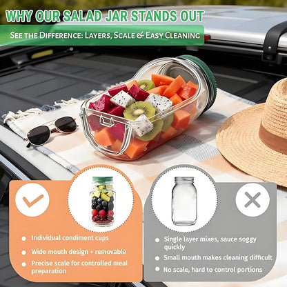 Salad Jar with Side Opening,Leakproof Portable Salad Container with Dressing Compartment,Reusable Home, Office, Travel, Outdoor Salad Container for Lunch (Green)