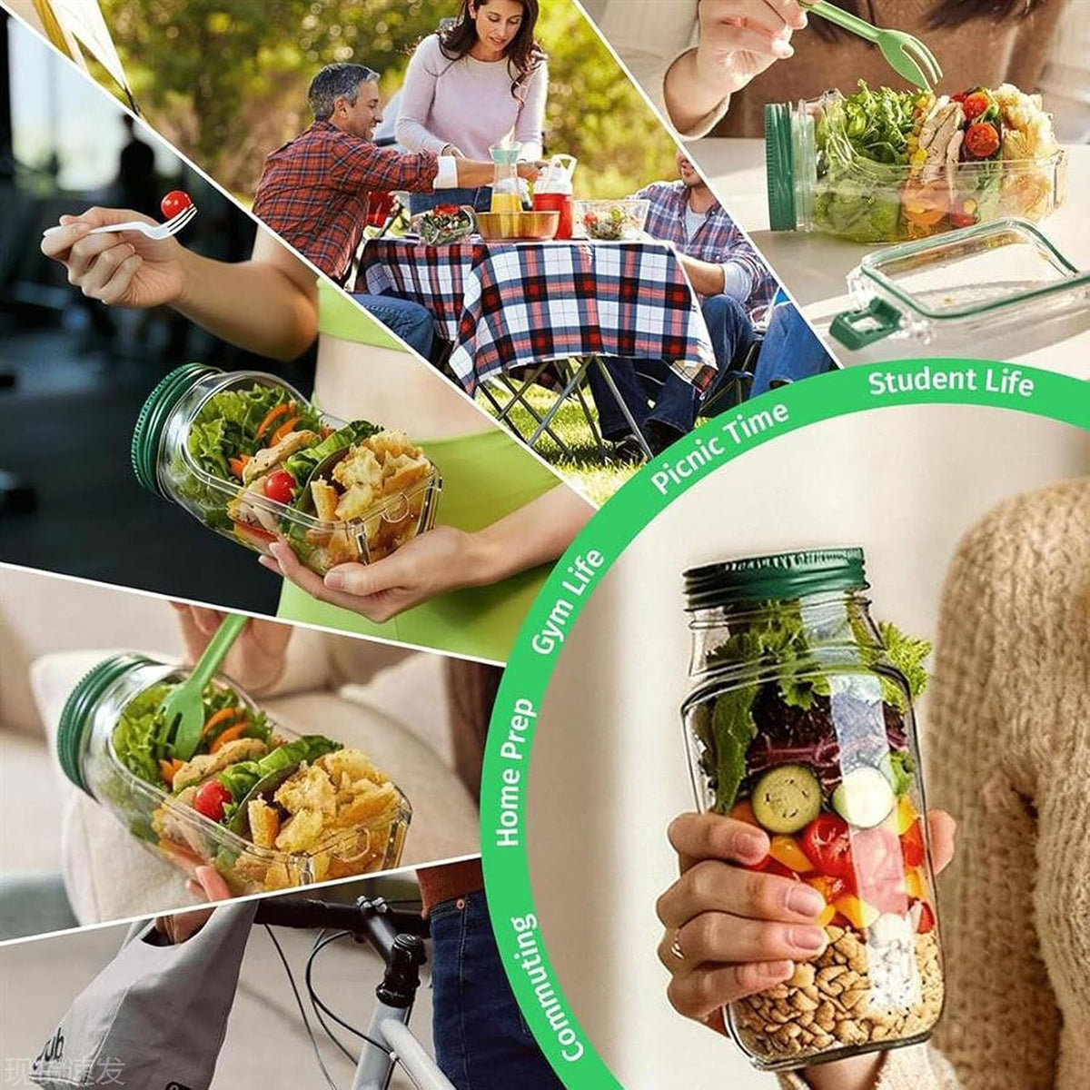 Salad Jar with Side Opening,Leakproof Portable Salad Container with Dressing Compartment,Reusable Home, Office, Travel, Outdoor Salad Container for Lunch (Green)