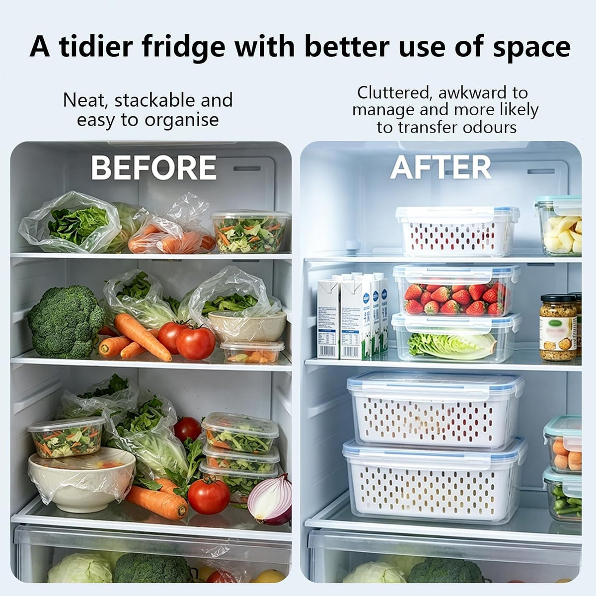 3 Pack Fruit Storage Containers for Fridge with Removable Colander and Lids | Fruit Containers for Fridge, Produce Containers for Fridge for Berry, Lettuce, Salad, Microwave and Dishwasher Safe