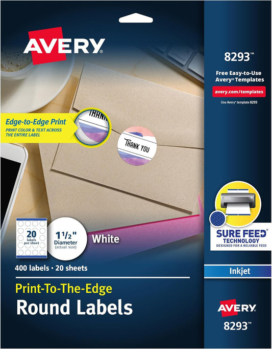Matte White Round Labels, Sure Feed Technology, Permanent Adhesive, 1-1/2", 400 Labels (8293)