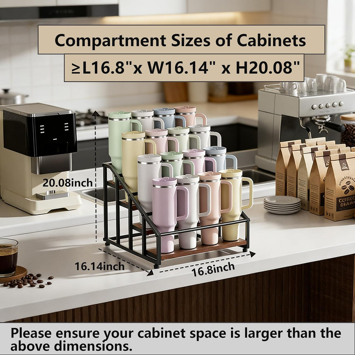 4-Tier Stanley Tumbler Organizer, Holds 16 Stanley 40 oz Tumblers & Water Bottles, Fits All Kinds of Bottles, Organizes Pantry, Kitchen, or as a Wine Rack