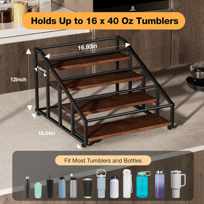 4-Tier Stanley Tumbler Organizer, Holds 16 Stanley 40 oz Tumblers & Water Bottles, Fits All Kinds of Bottles, Organizes Pantry, Kitchen, or as a Wine Rack