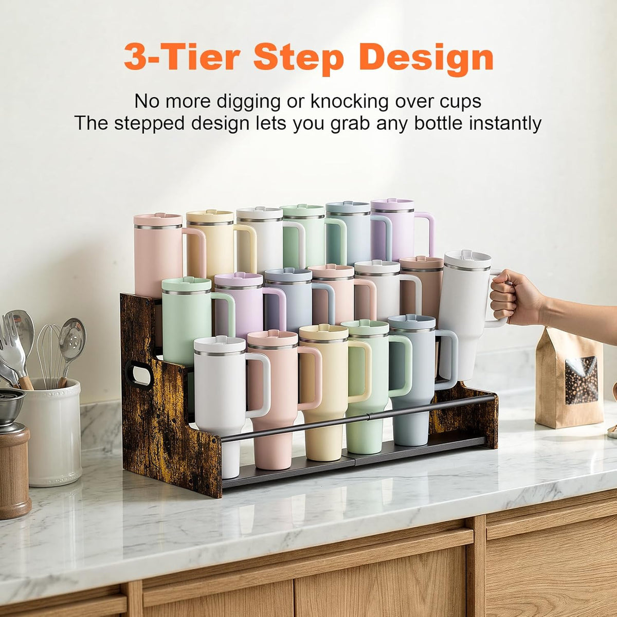 4-Tier Stanley Tumbler Organizer, Holds 16 Stanley 40 oz Tumblers & Water Bottles, Fits All Kinds of Bottles, Organizes Pantry, Kitchen, or as a Wine Rack