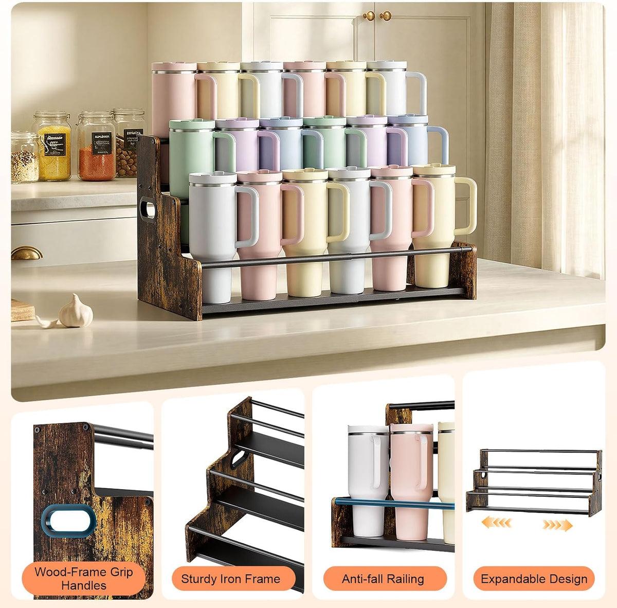4-Tier Stanley Tumbler Organizer, Holds 16 Stanley 40 oz Tumblers & Water Bottles, Fits All Kinds of Bottles, Organizes Pantry, Kitchen, or as a Wine Rack