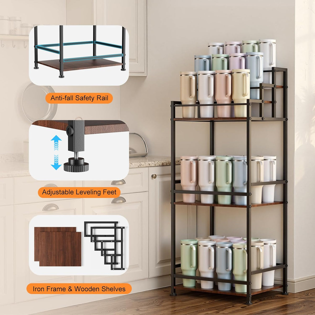 4-Tier Stanley Tumbler Organizer, Holds 16 Stanley 40 oz Tumblers & Water Bottles, Fits All Kinds of Bottles, Organizes Pantry, Kitchen, or as a Wine Rack