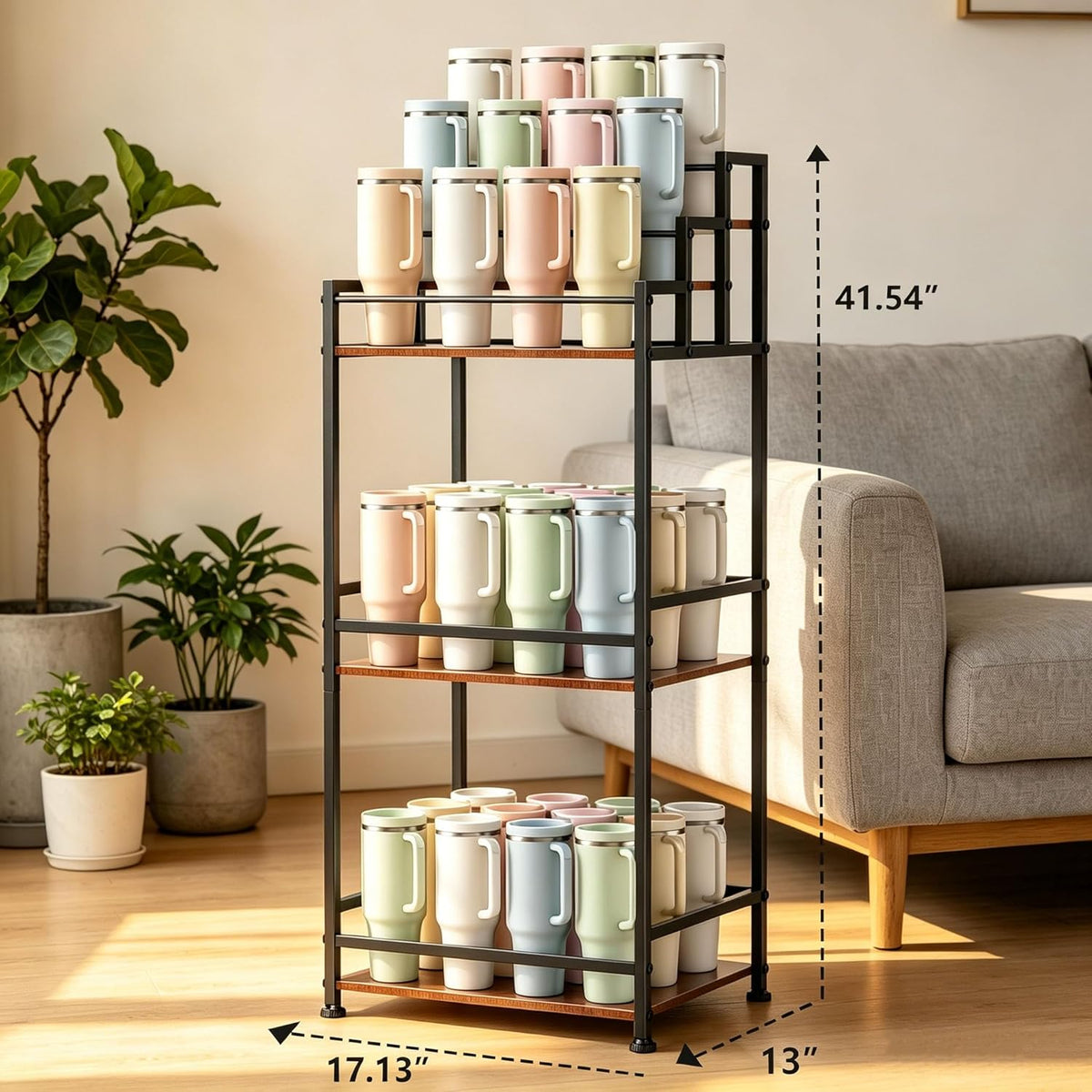 4-Tier Stanley Tumbler Organizer, Holds 16 Stanley 40 oz Tumblers & Water Bottles, Fits All Kinds of Bottles, Organizes Pantry, Kitchen, or as a Wine Rack