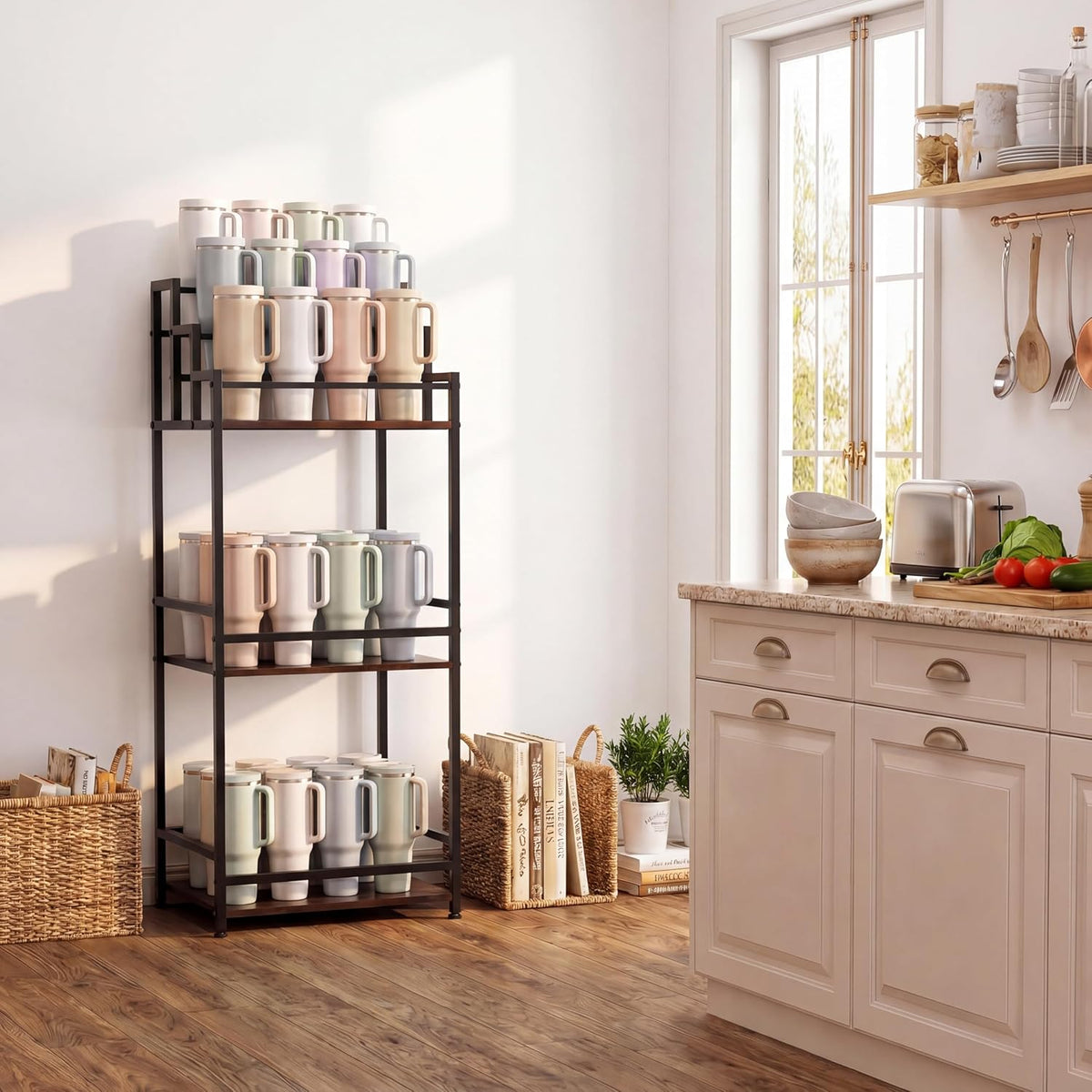 4-Tier Stanley Tumbler Organizer, Holds 16 Stanley 40 oz Tumblers & Water Bottles, Fits All Kinds of Bottles, Organizes Pantry, Kitchen, or as a Wine Rack