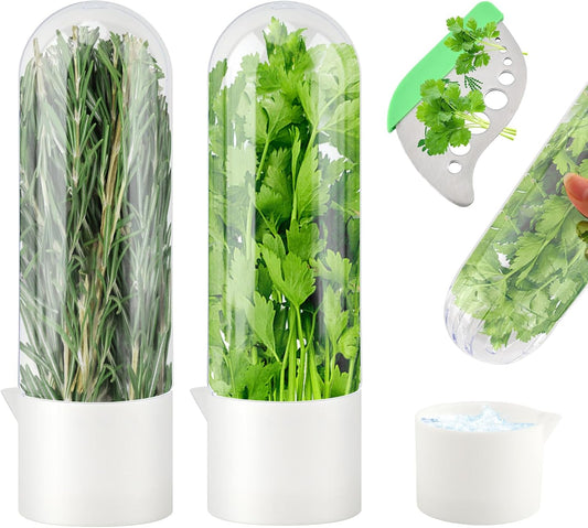 Herb Saver for Refrigerator With Herb Stem Stripping Tool,Herb Keeper & Cilantro Container,Vegetable Preservation Bottle for Cilantro,Parsley,Mint,Keeps Greens for 2-3 Weeks(2PCS)